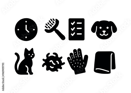 Pet care solid icons set – filled, grooming, animal management symbols