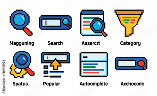 Search functionality pixel art icons set – retro, digital graphics and ui elements