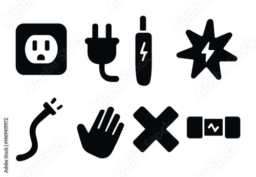 Electrical safety silhouette icons set – solid, filled, hazard and warning symbols
