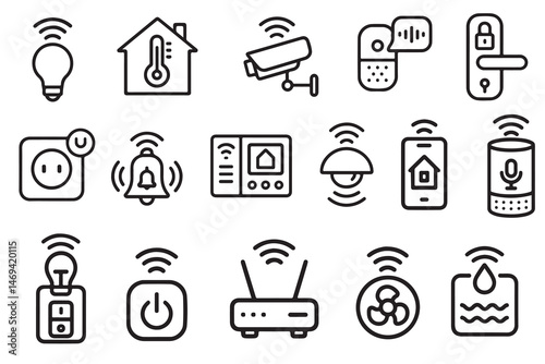 Various smart home devices are displayed, showcasing their functionalities like controlling appliances, monitoring environments, and improving convenience for residents.