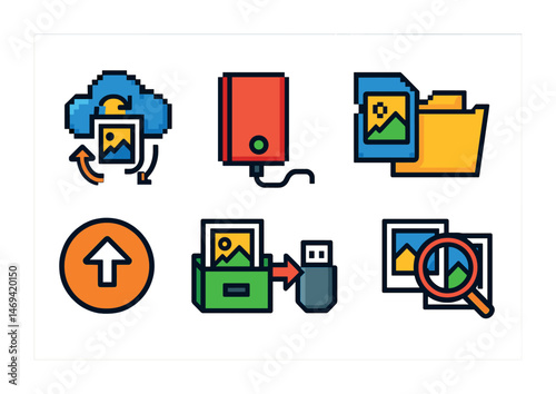 Cloud storage and backup icons set – pixel art, digital file management symbols