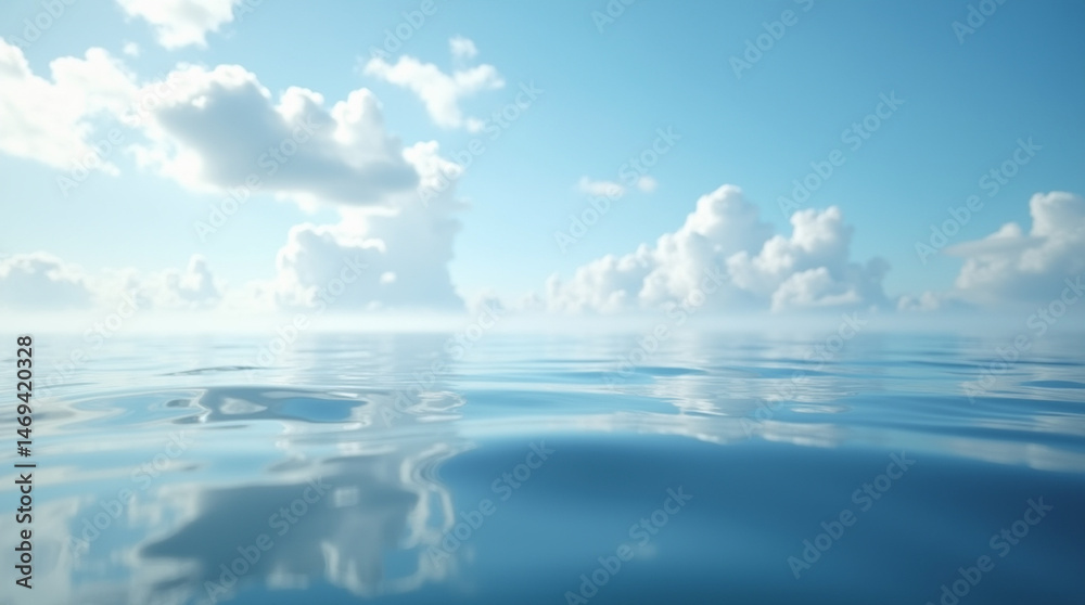 Obraz premium Reflections of Tranquility: Close-Up of a Calm Sea with Soft Clouds and Blue Sky in Ultra-Realistic Detail