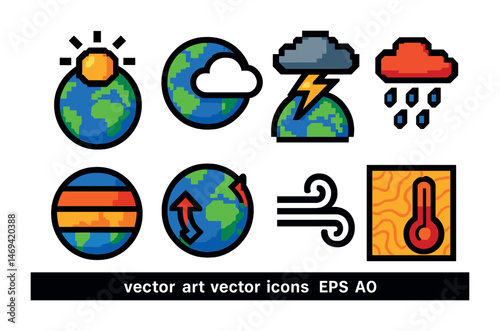 Weather and climate icons set – pixel art, filled, meteorology and forecast symbols