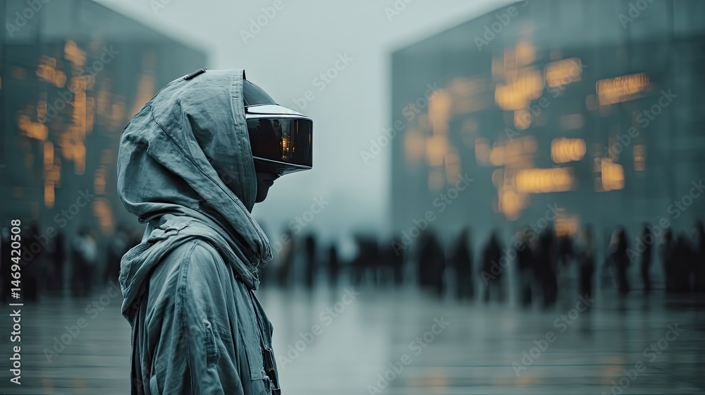 Obraz premium Futuristic avatar in virtual space digital art urban landscape sci-fi environment side view