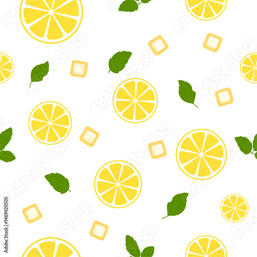 Seamless vector pattern with lemon slices, mint leaves, and ice cubes on a white background. Ideal for summer, drink-themed designs, fabric prints, packaging, and refreshing backgrounds.