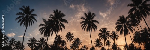 Beach Sunset with Silhouetted Palm Trees and Blue-Brown Tones