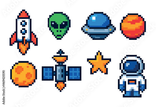 Space exploration pixel art icons set – cosmic, alien, astronaut symbols