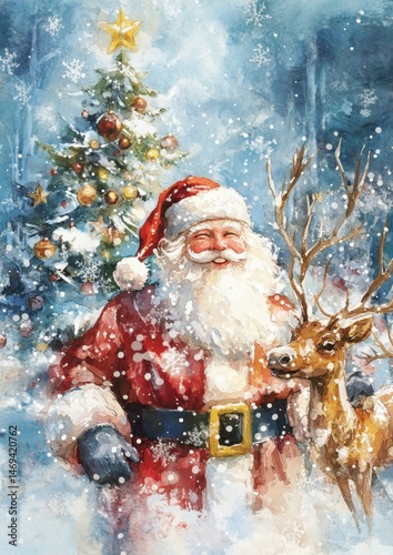 Cheerful Santa Claus with Reindeer Near Snowy Christmas Tree