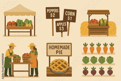 Farmers market flat icons set – fresh produce, homegrown, organic symbols