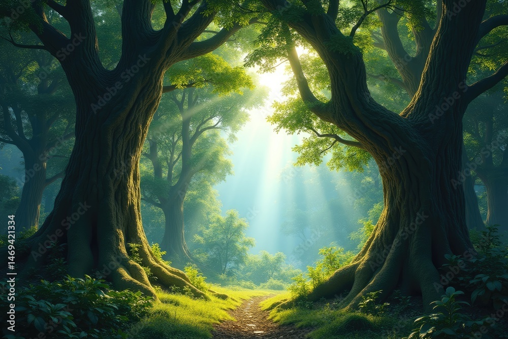 Dappled Sunlight Through Ancient Trees Beneath a Verdant Canopy
