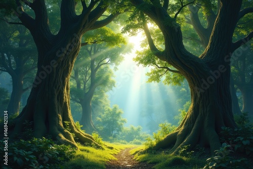Obraz na płótnie Dappled Sunlight Through Ancient Trees Beneath a Verdant Canopy w salonie