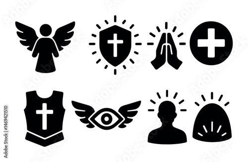 Christian symbols solid icons set – religion, faith, worship emblems