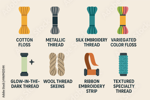 Textile art icons set – flat, filled, embroidery and needlework symbols