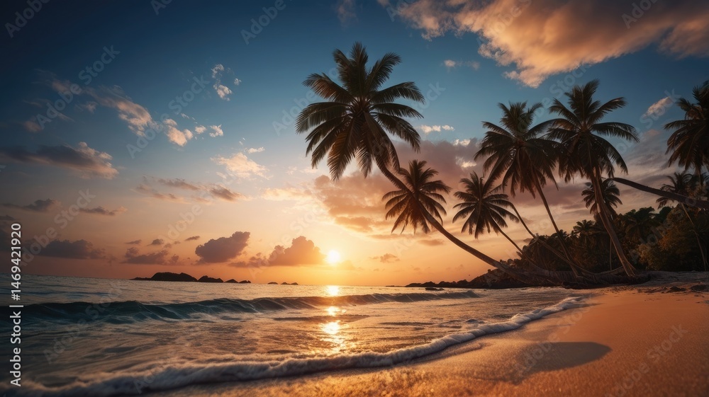 Tropical Beach at Sunset with Silhouetted Palm Trees