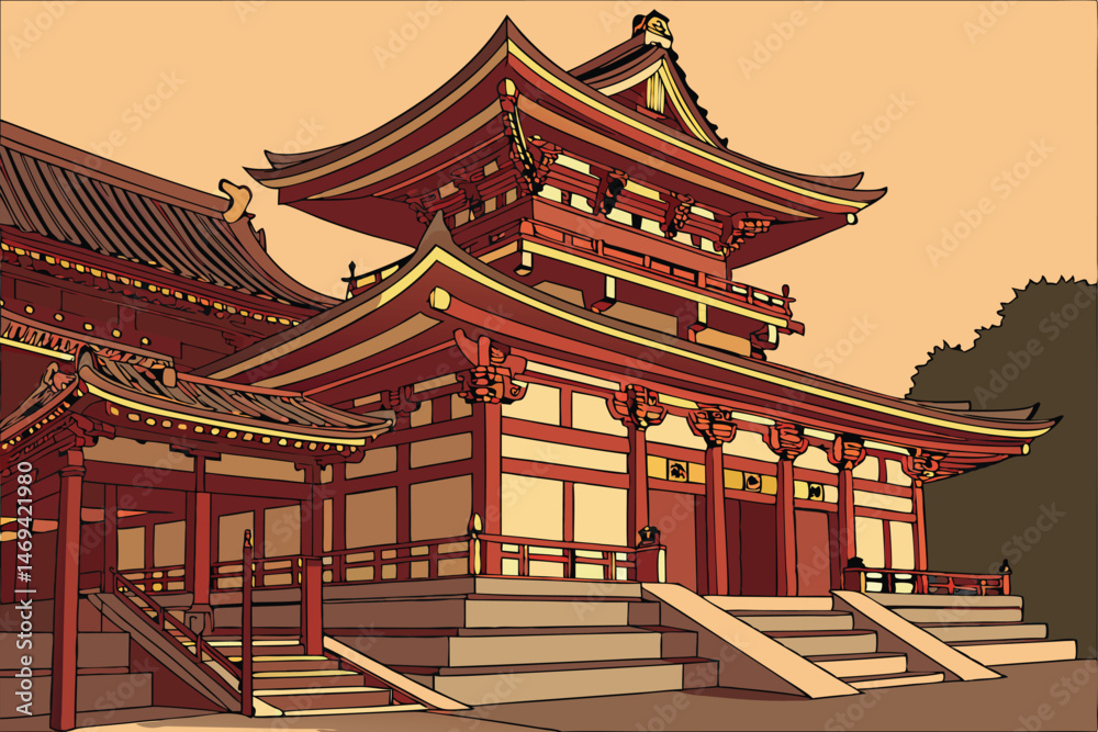 Fototapeta premium 14 byakko style traditional japanese buddhist temple, highly detailed architectural rendering, intricate design, symmetry, warm colors, golden accents, dramatic lighting, photorealistic, 8k