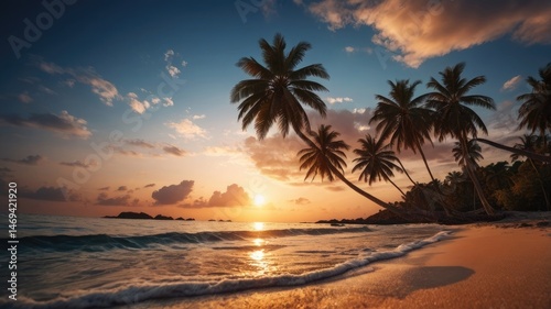 Obraz na płótnie Tropical Beach at Sunset with Silhouetted Palm Trees w salonie