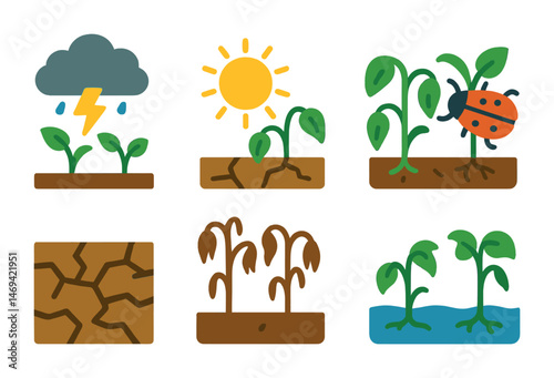Agriculture and farming icons set - flat, filled, gardening and plant growth symbols