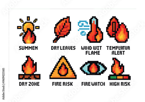 Fire safety pixel art icons set – alert, risk, emergency symbols