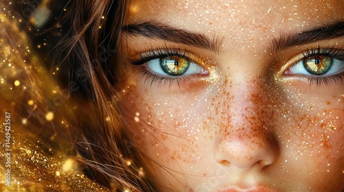 Celestial child close-up with tiny golden freckles like stars, dreamy cosmic aura.