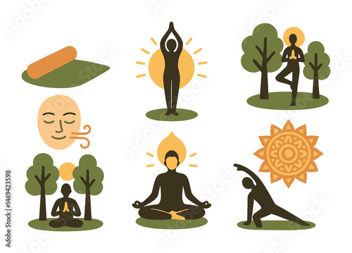 Yoga and meditation silhouette icons set – calm, mindfulness, wellness symbols