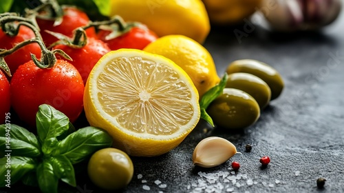 Vibrant Mediterranean Ingredients: Tomatoes, Lemons, Olives, and Basil