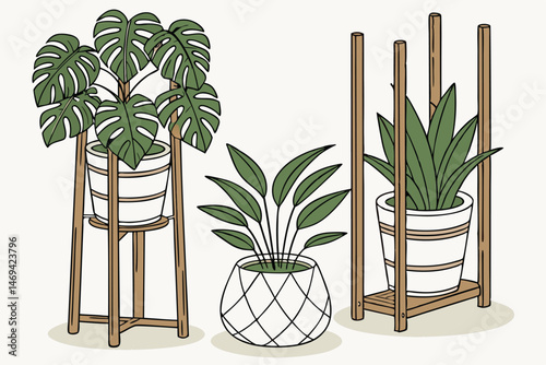 15 wooden plant stands with tropical foliage, monstera, snake plant, pothos, indoor plants in woven rattan pots, natural wood, minimalist, clean, bright lighting, studio shot, high quality, detailed