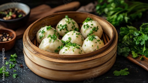 Steamed asian dumplings with fresh herbs served in bamboo steamer basket