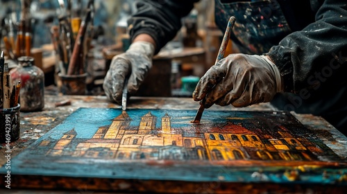 Painterly impression of a cityscape in progress on a textured canvas surface