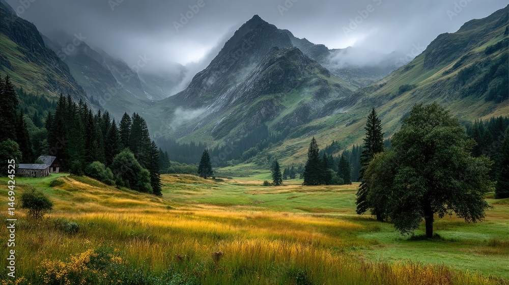 Obraz premium Dramatic highland landscape with clouds touching mountain peaks lush valley viewpoint nature scene