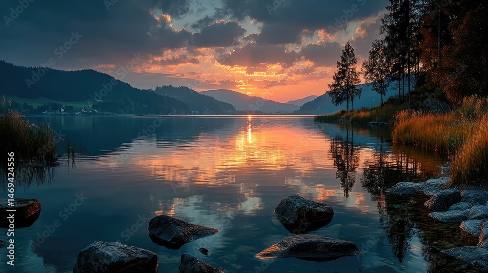 Fototapeta premium Tranquil sunset over lake mountain reflections nature photography serene environment wide view