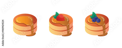 Delicious pancakes with fresh strawberry and blueberries in a cartoon style. Vector illustration of fresh and fluffy pancakes drizzled with honey and berries isolated on a white background.