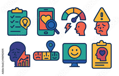 Mental health flat icons set – filled, emotional wellness and support symbols