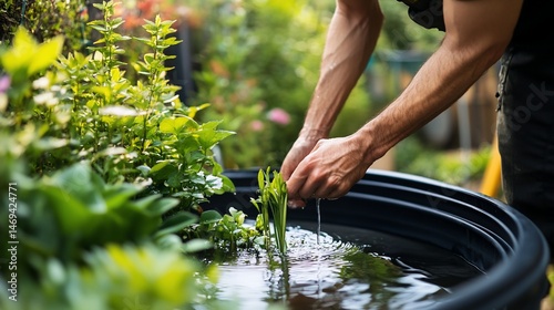 Person Carefully Planting Young Aquatic Plants in a Black Container Pond