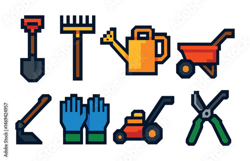 Gardening tools pixel art icons set – outlined, yard, gardening essentials