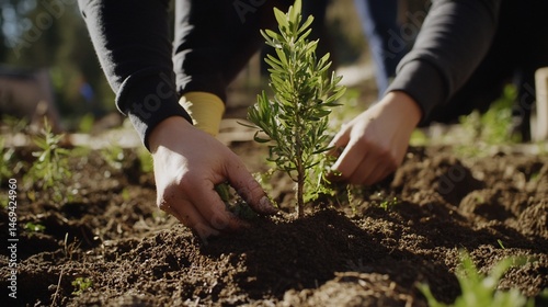 Close up shot of planting a young tree with care and sustainability