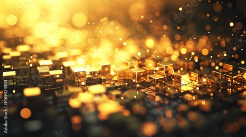 Schwebende goldene Glaskuben mit Lichtpartikeln – digitaler Traumhintergrund  
