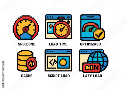 Web optimization pixel art icons set – speed, performance, efficiency visuals