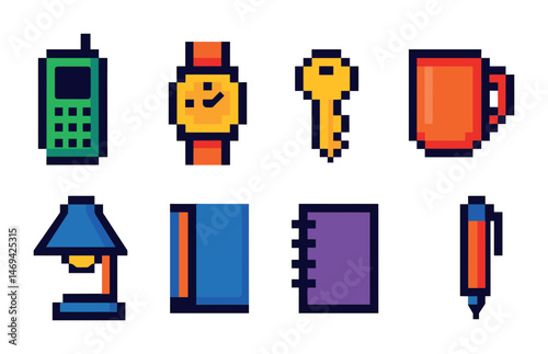 Daily essentials pixel art icons set – colorful, outline, everyday items collection