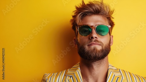 A man exudes charm in a yellow striped suit, wearing sunglasses that reflect a colorful backdrop, focusing on modern fashion and self-assured style.