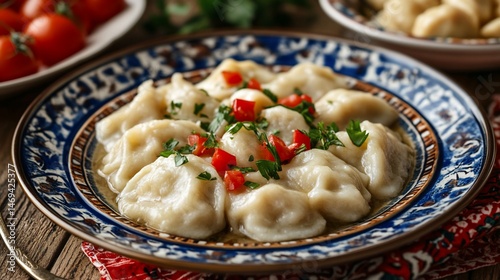 Authentic pelmeni adorned with fresh herbs, served on ornate plate for cultural dining