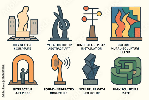 Sculpture icon set – filled, outline, abstract and art installation symbols