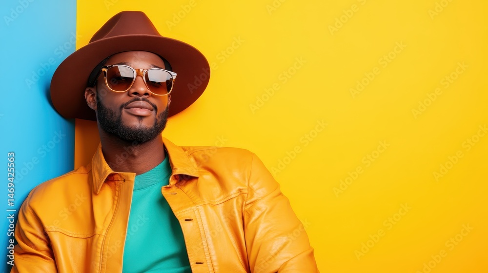 A stylish man poses confidently in a vivid summer outfit, with sunglasses and a hat, creating a laid-back yet vibrant look against a bright backdrop. A stylish man poses confidently in a vivid summer outfit, with sunglasses and a hat, creating a laid-back yet vibrant look against a bright backdrop.