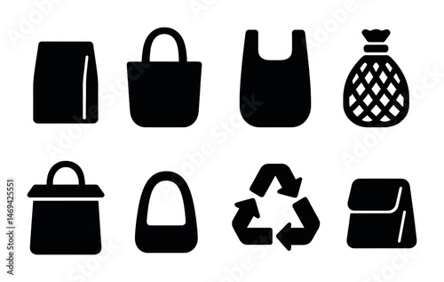 Eco-friendly bag icons set – silhouette, solid, sustainable and reusable symbols