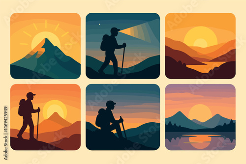 Outdoor hiking silhouette icons set – adventure, trekking, and exploration graphics