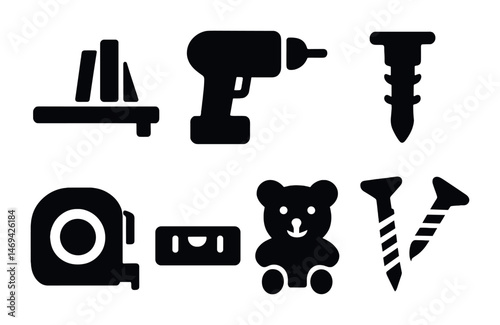 Construction tools solid icons set – flat, filled, home improvement graphics