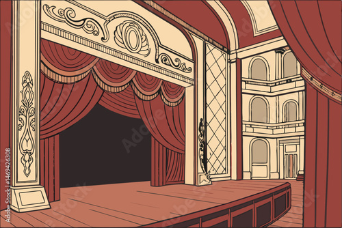 16 intricate theater stage, red velvet curtains, ornate curtain frame, wooden stage floor, dramatic lighting, high quality, detailed, realistic
