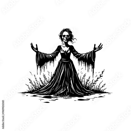 Monochrome representation of spectral female figure in ethereal surroundings