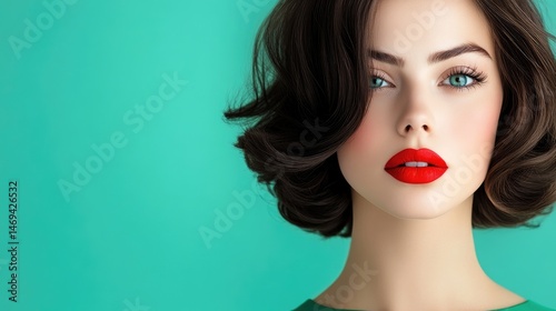 Classic Hollywood glamour close-up of a woman with vintage waves, red lips, 1950s film style.