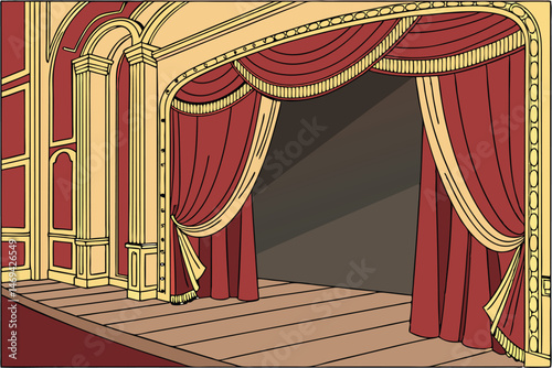 16 intricate theater stage, red velvet curtains, ornate curtain frame, wooden stage floor, dramatic lighting, high quality, detailed, realistic