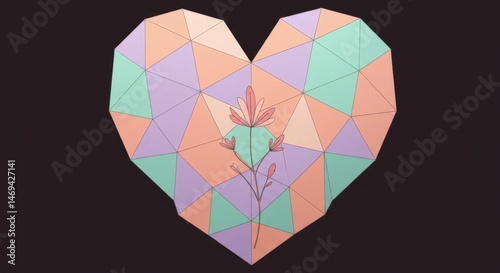 Polygonal heart shape design with delicate floral element.